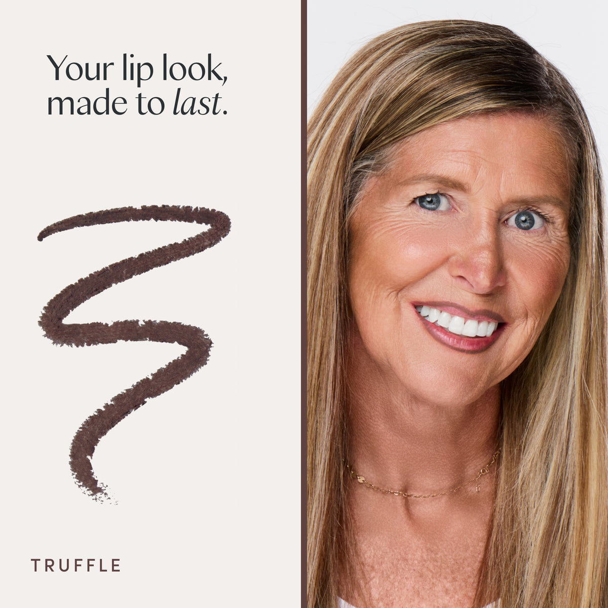 Your lip look, made to last. A model wearing it. Ravie Beauty Soft Definition™ Longwear Lip Liner in Truffle 