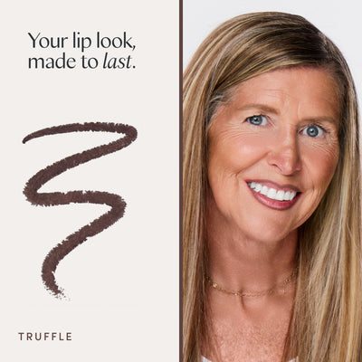 Your lip look, made to last. A model wearing it. Ravie Beauty Soft Definition™ Longwear Lip Liner in Truffle 