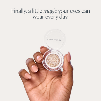 Finally, a little magic your eyes can wear every day. A hand holding the open compact. Ravie Beauty Softlight™ Glistening Eye Topper in Soft Gold 
