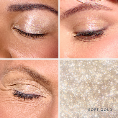 Close-ups of it on three people’s eyelids, and the sparkle up close. Ravie Beauty Softlight™ Glistening Eye Topper in Soft Gold 
