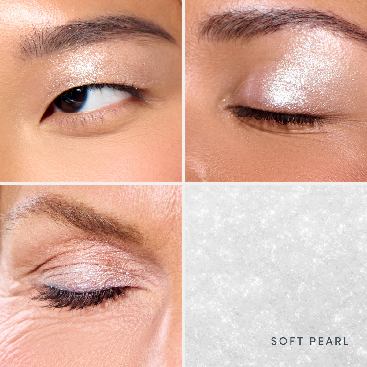 Close-ups of it on three people’s eyelids, and the sparkle up close. Ravie Beauty Softlight™ Glistening Eye Topper in Soft Pearl 