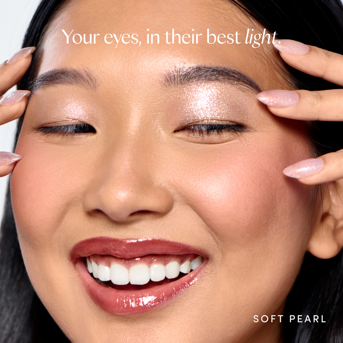 Your eyes, in their best light. A model wearing it. Ravie Beauty Softlight™ Glistening Eye Topper in Soft Pearl 