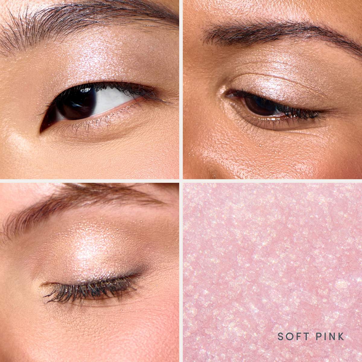 Close-ups of it on three people’s eyelids, and the sparkle up close. Ravie Beauty Softlight™ Glistening Eye Topper in Soft Pink 