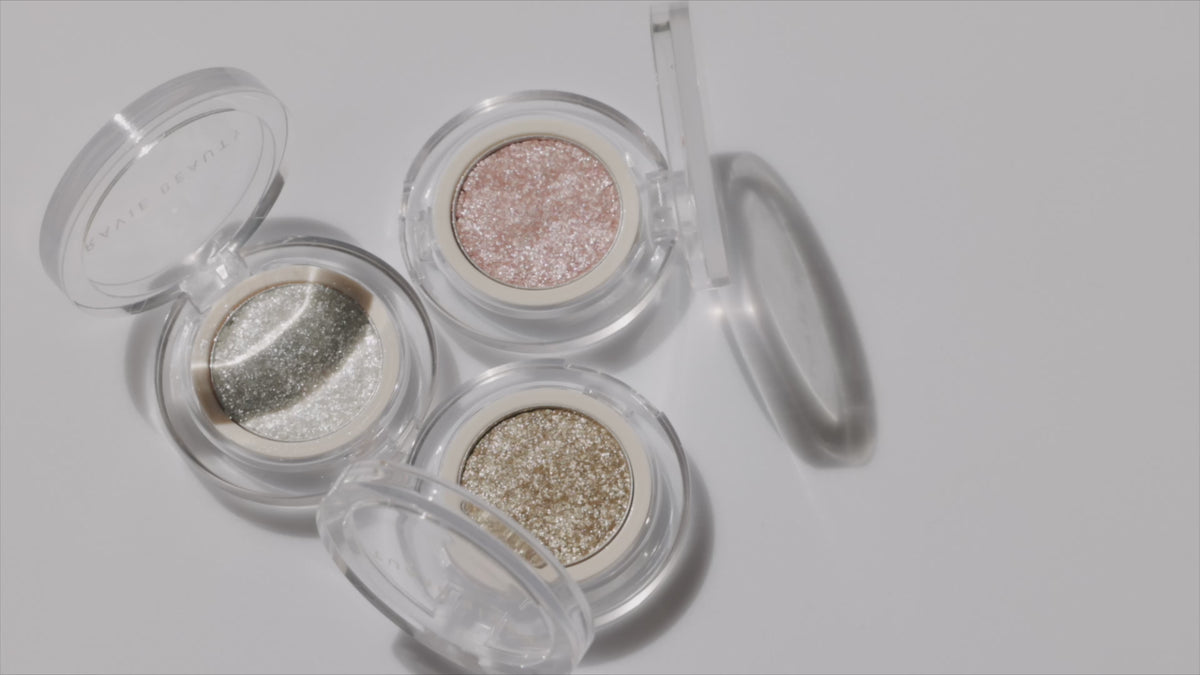 All three compacts, models holding them, and the sparkle up close on their eyelids. Ravie Beauty Softlight™ Glistening Eye Topper